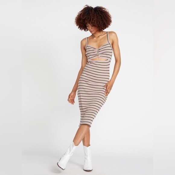 NWT VOLCOM STRIPED STONE CHECKED MIDI DRESS - ESPRESSO. Size Large - Picture 5 of 14